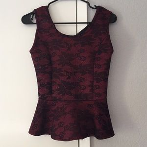 Maroon Floral Lace with Bow Peplum Top