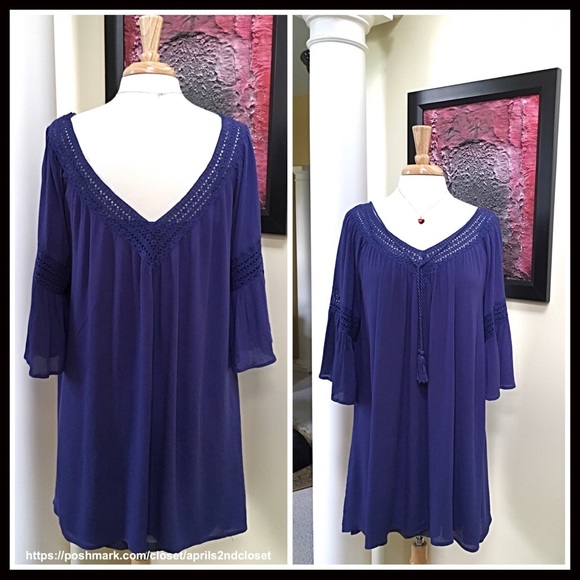 FLYING TOMATO 3/4 SLEEVE BLUE CROCHET TRIM DRESS - Picture 3 of 8