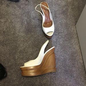 White Jessica Simpson wedges with wooden bottoms