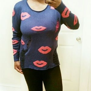 Blue & Pink Kiss Distressed Sweater