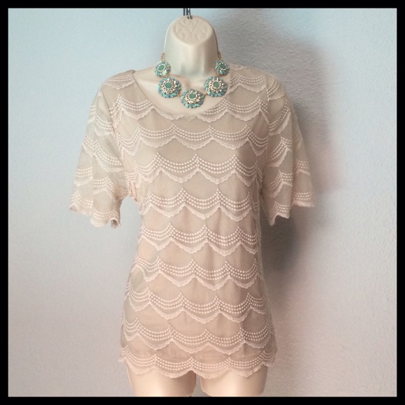 Bellatrix Tops - BELLATRIX Scalloped Lace Blouse Top- Nude & White