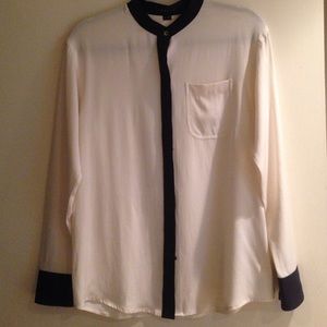 Theory silk white and navy button down blouse