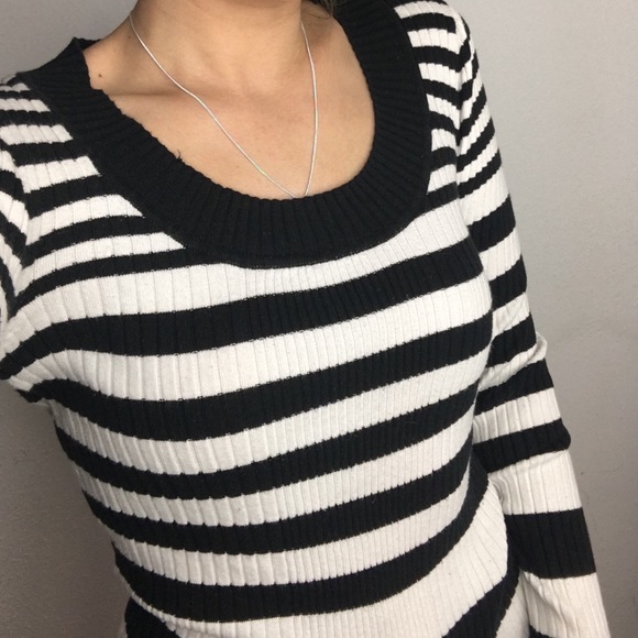 Black and White Striped Scoop Neck Sweater