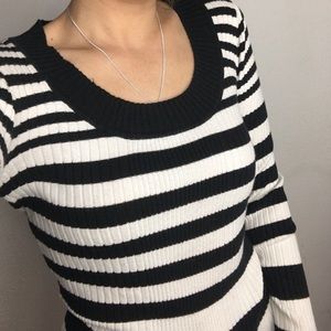 Black and White Striped Scoop Neck Sweater