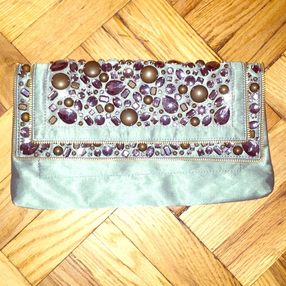Bejeweled JCrew Robbins Egg Blue Satin Clutch