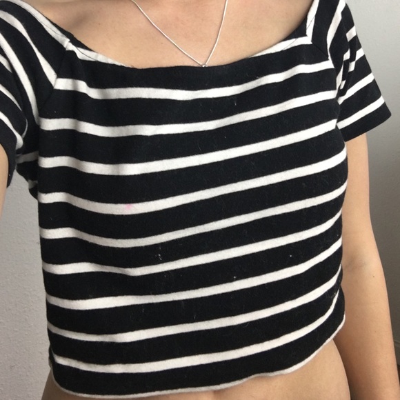 Black & White Striped Over the Shoulder Crop Top
