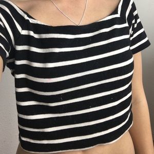 Black & White Striped Over the Shoulder Crop Top