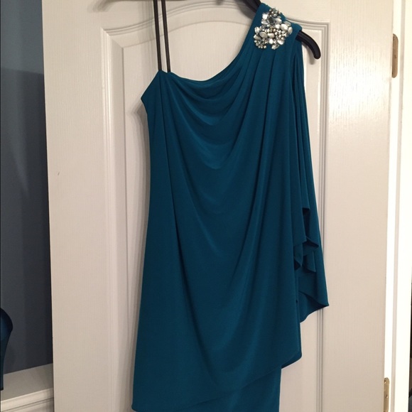 NWOT - DJ JAZ Teal One Shoulder Dress w/ Jewels