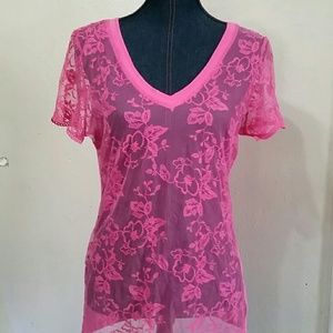 Pink sheer lace front top