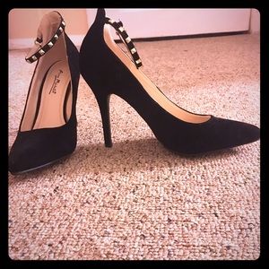 Black suede two inch heels