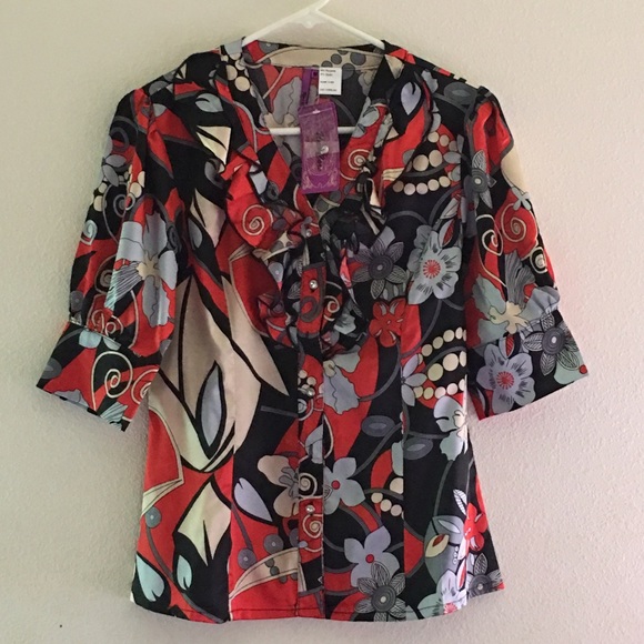 Red, black, and white button-down blouse - Picture 1 of 2
