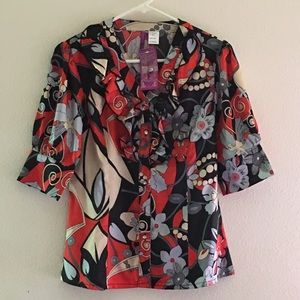 Red, black, and white button-down blouse
