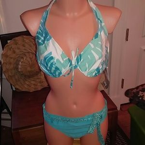 NWT Next Underwire Aqua Teal? Bra style top & belted pant floral leaves f36D XL