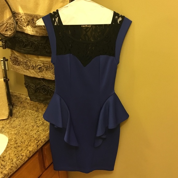 Blue cameo fitted dress with lace in front