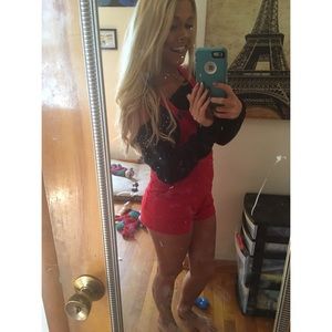 Red overall shorts