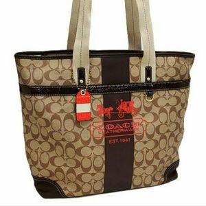 Coach tote handbag brown coated heritage stripe