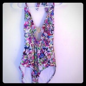 Deep v neck floral bathing suit