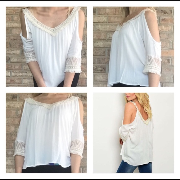 ❗️LAST ONE❗️Vanilla Lace Fringe Cold Shoulder Top - Picture 3 of 3