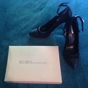 BCBG Strappy Black Mesh Heels