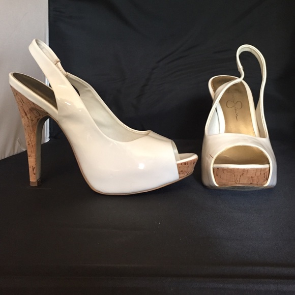 white Jessica Simpson cork peep toe platform heels