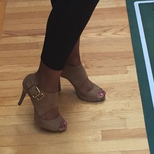 Tan open toe booties