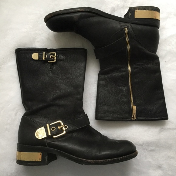 Vince Camuto Wydell gold black leather moto bootie