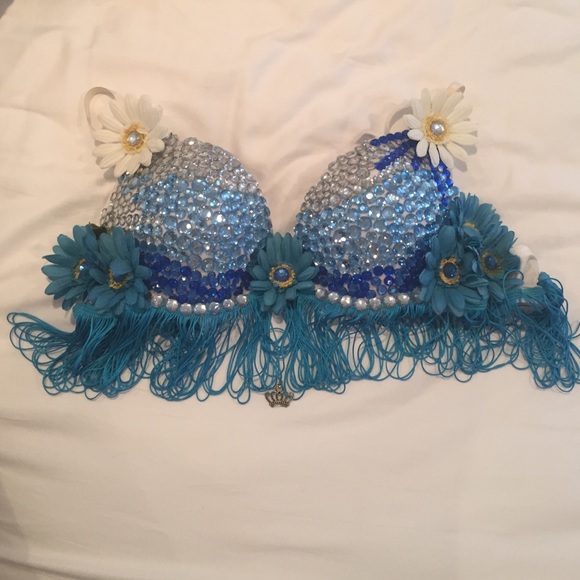 Homemade bedazzled rave bra with flowers