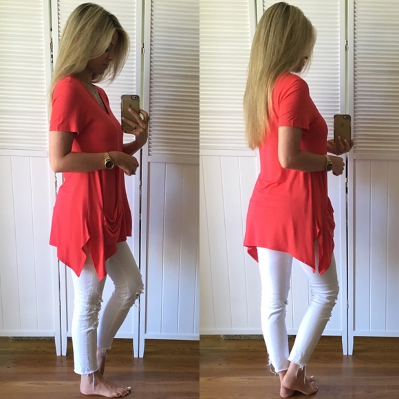 SOLD OUT•Rich Coral Slouchy Pocket Tunic - Picture 3 of 4