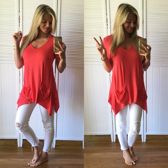 SOLD OUT•Rich Coral Slouchy Pocket Tunic - Picture 4 of 4