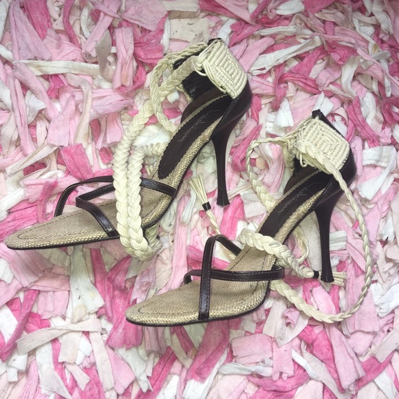 Luichiny Cream & Brown Lace Up Stiletto Pumps!