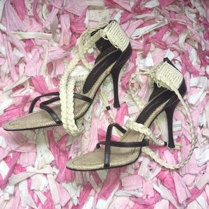 Luichiny Cream & Brown Lace Up Stiletto Pumps!