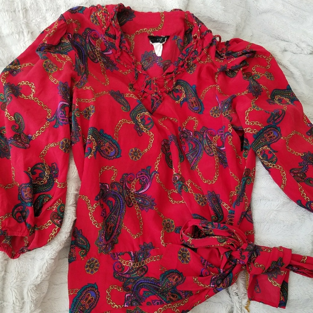 Vintage Diane Freis Red Silk Chains Paisley Top