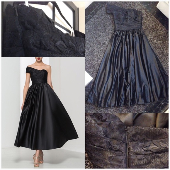 Black Satin Matte Lace Formal Evening Dress