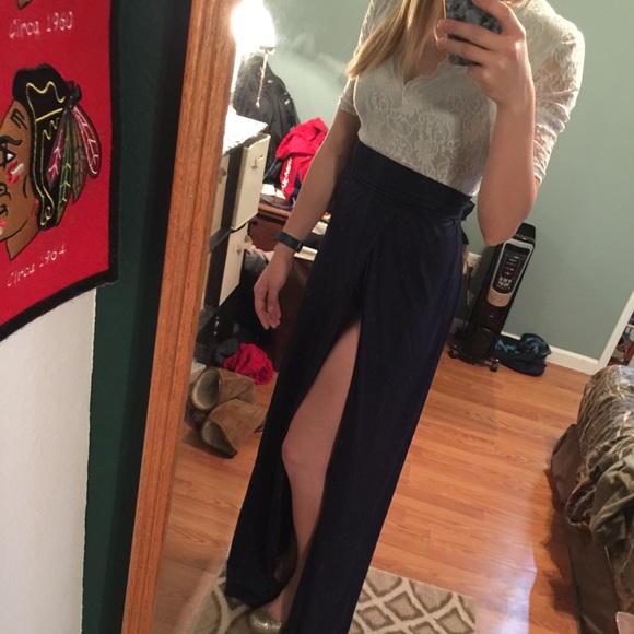 Floor length navy blue and white lace dress