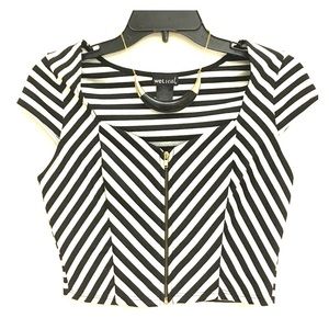 SOLD - Black & White Striped, Zip Up Crop Top
