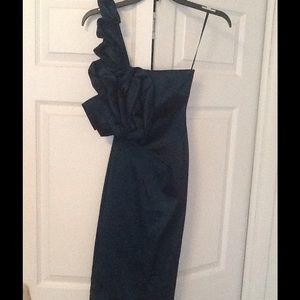 Emerald green, short, one shoulder, snap dress