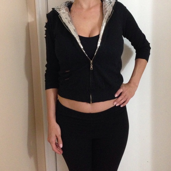Make offer! Silver sequin cropped black hoody - Picture 1 of 4