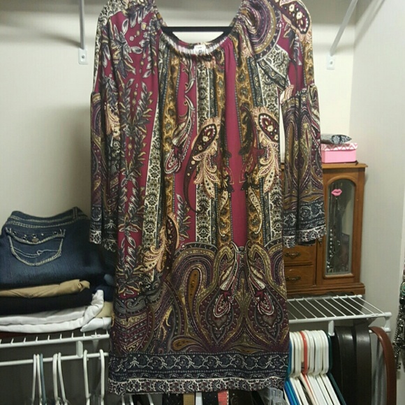 Paisley print dress with bell sleeves.