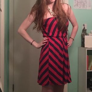 Red and blue striped strapless dress