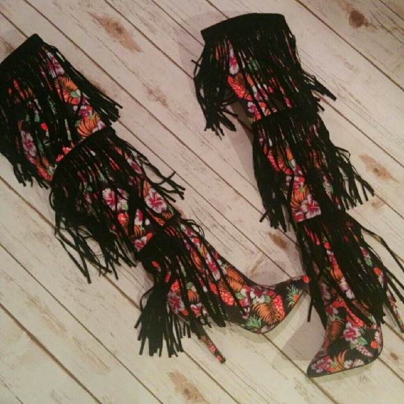 Shoes - Tropical print fringe over the knee boots