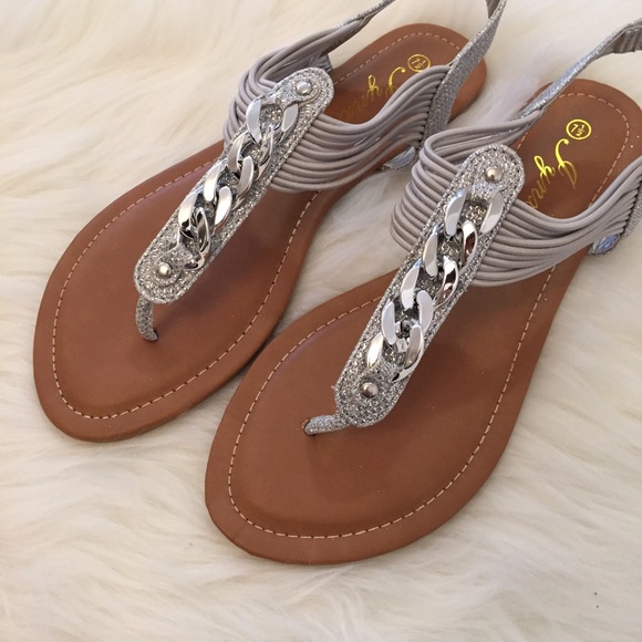 Silver Glitter & Chain Link T-Strap Sandals 8.5 - Picture 2 of 4
