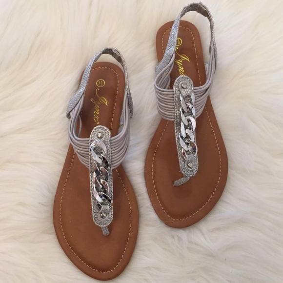 Silver Glitter & Chain Link T-Strap Sandals 8.5 - Picture 4 of 4