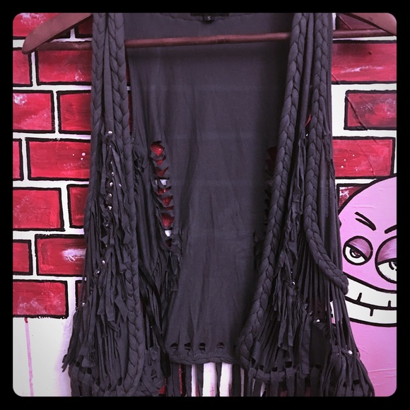 Beaded and Fringed Dark Grey Festival Vest