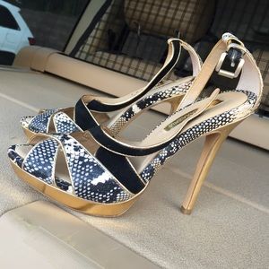 BCBG snake print leather with gold heels sandals