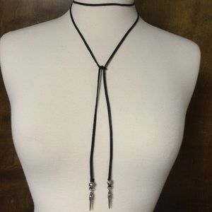 Black leather wrap necklace spike lariat deerskin