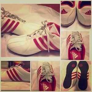 Adidas white with pink stripe sneakers