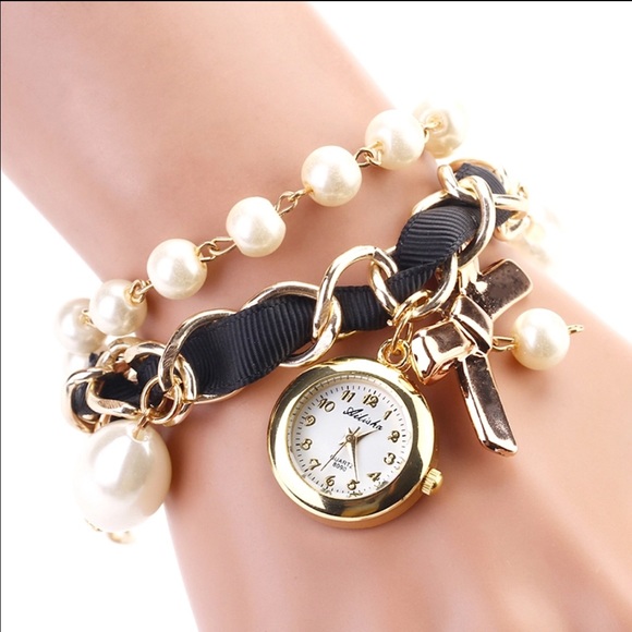 Black Ribbon Pearl Bracelet Watch