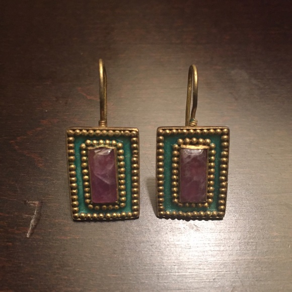 Handmade amethyst on green enamel earrings - Picture 1 of 2