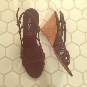 Dark chocolate sling back wedged corked heel