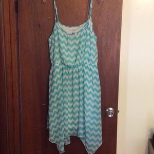 Mint and white stripe dress with asymmetrical hem